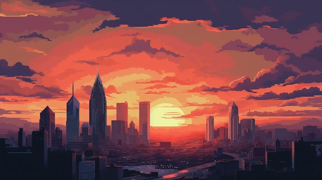 Philadelphia Sunset In Pixel Art Style