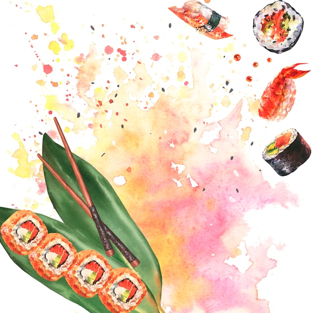 Foto involtini di sushi di filadelfia con bacchette di salsa di soia e modello di foglia nory per banner o menu design w