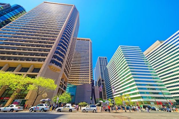 Philadelphia, USA - May 4, 2015: Street view of Clothespin sculpture and Skyscrapers in Philadelphia City Center. Pennsylvania, USA. Tourists in the street