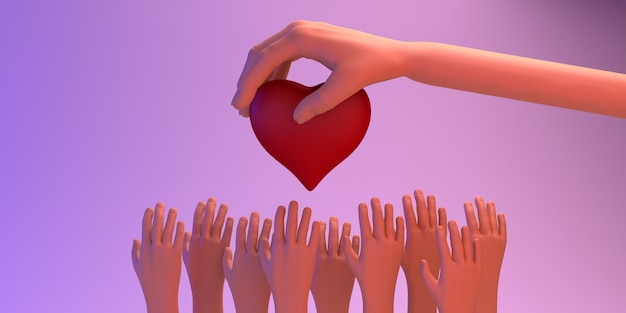 Фото Баннер благотворительности. рука, дающая любовь многим людям. благотворительная деятельность. сердце. 3d иллюстрации.