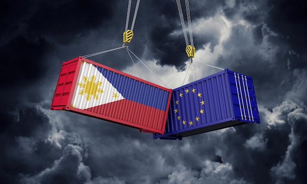 Концепция торговой войны Филиппин и Европы сталкивается с грузовыми контейнерами d рендеринга