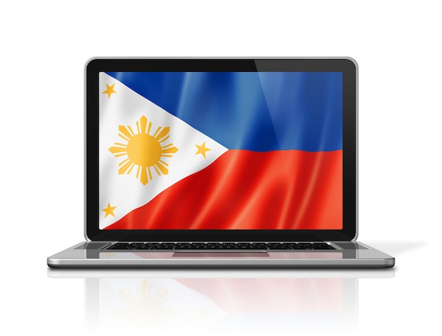 Philippines flag on laptop screen isolated on white. 3D illustration render.