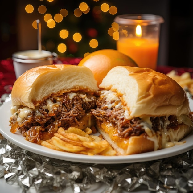 Foto philly cheesesteak bistecca a fette sottili con cipolle salate e formaggio fuso carnoso