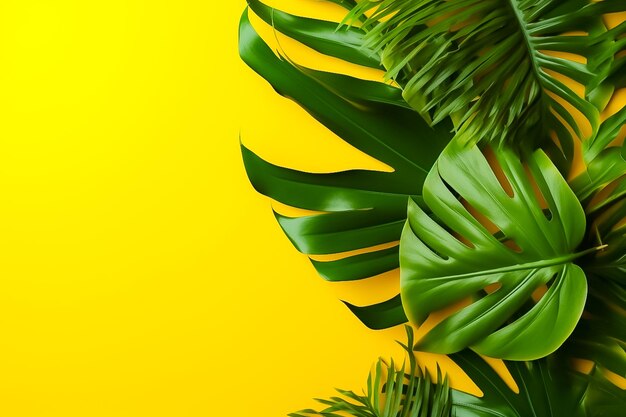 Philodendron leaves tropical leaves plant with copy space yellow background Ai generated