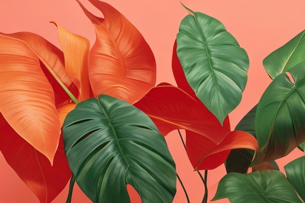 Photo philodendron tropical leaves on coral color background minimal summer