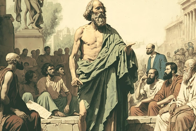 철학자 소크라테스는 아테네의 거리에서 철학을 설교하고 있습니다.