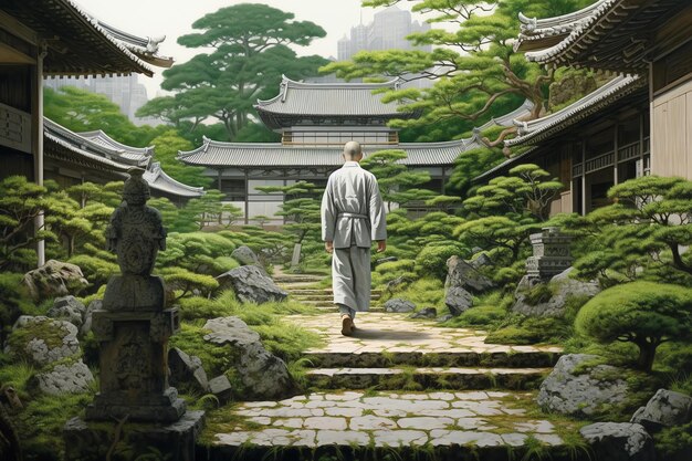 A philosopher sprinting through a serene temple