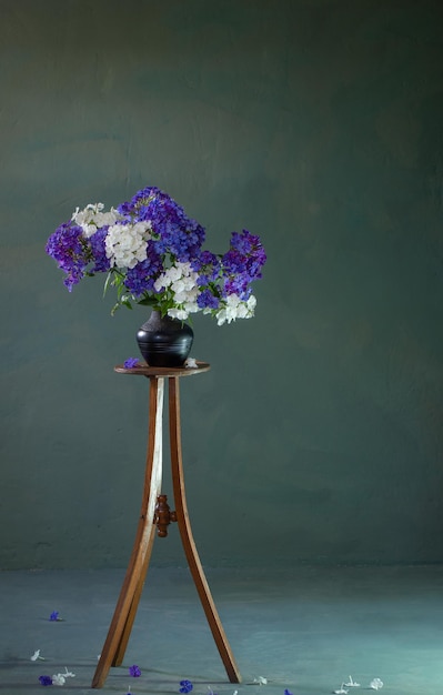 Phloxes in vase on vintage wooden shelf on dark background