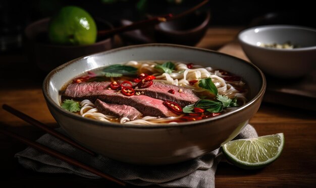 Pho Bo traditional Soup with beef rice noodles ginger lime chili pepper in bowl Close up Vietnamese and Asian cuisine generative AI