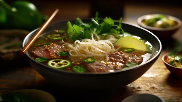 Pho bo Vietnamese rice noodle soup with sliced rare beef Generative AI