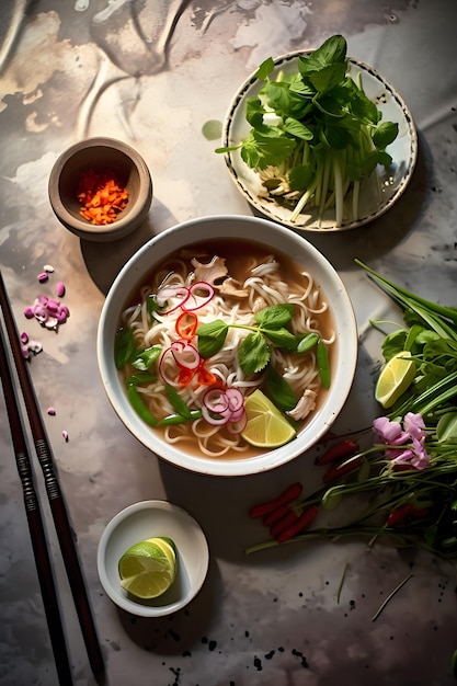 Photo pho bo vietnamese soup with beef and rice noodles on dark background ai generated