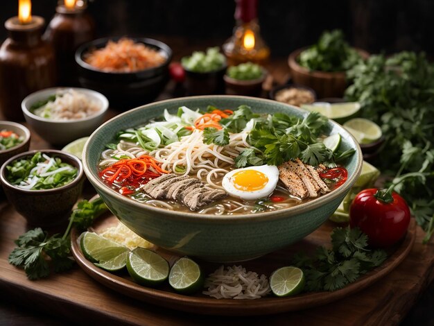 Photo pho presented in a large bowl with various toppings and condiments