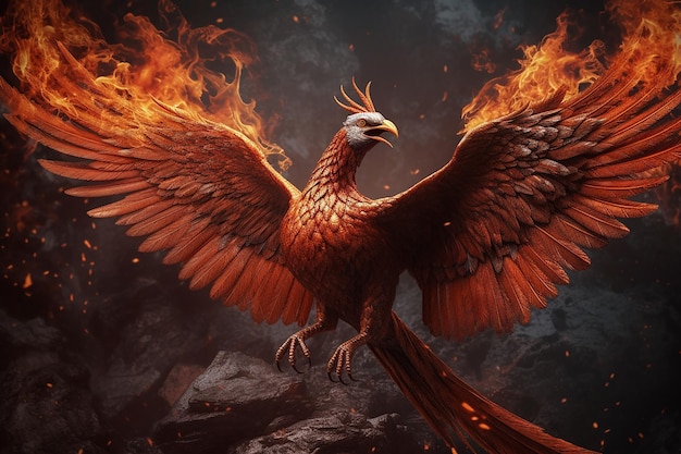 A phoenix bird is flying in flames.