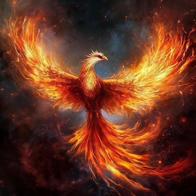 A phoenix bird is flying in flames.