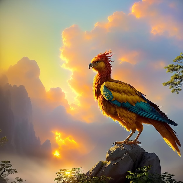 Phoenix bird Sunset in a misty forest on background Generative AI