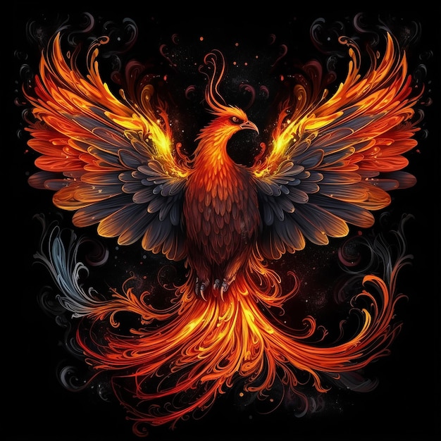 Photo a phoenix bird with a black background and the words fire on it