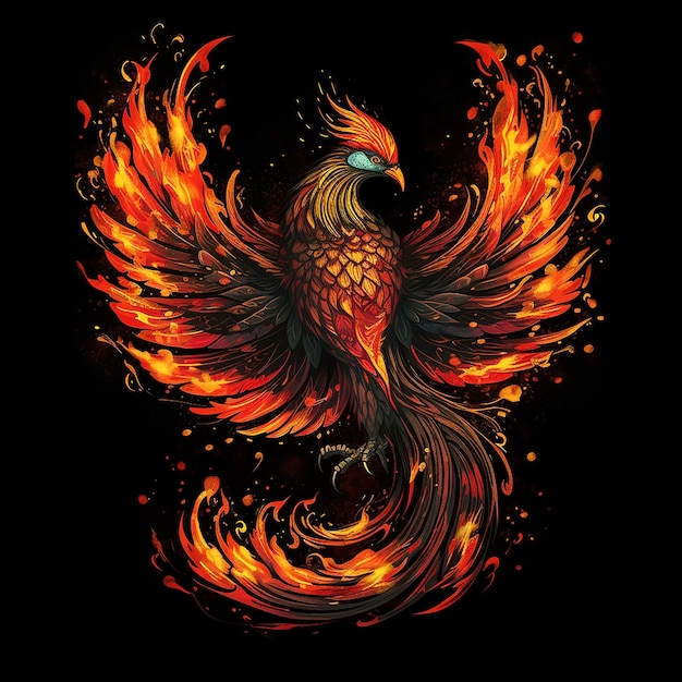 A phoenix bird with a fire on the back