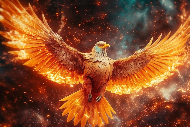 A phoenix bird with flames on the background