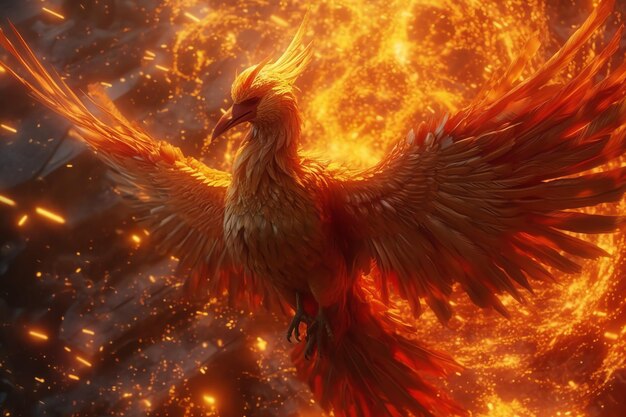 Phoenix bird with outstretched wings rising burning in flames epic phoenix bird fire rebirth power