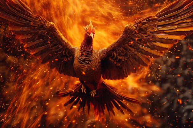 Phoenix bird with outstretched wings rising burning in flames Epic phoenix bird fire rebirth power