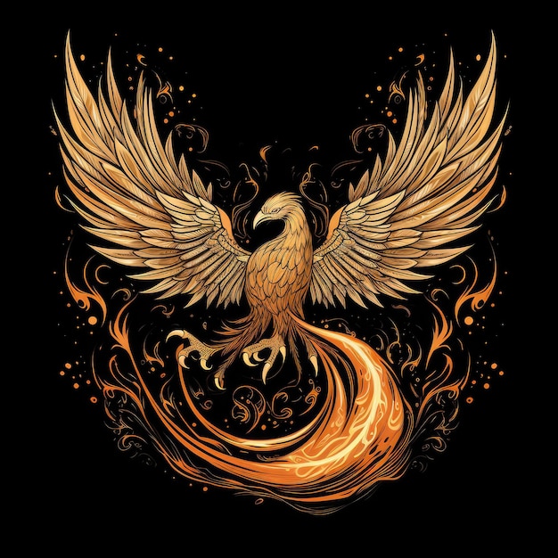 Птица-феникс с распростертыми крыльями в огне на темном фоне