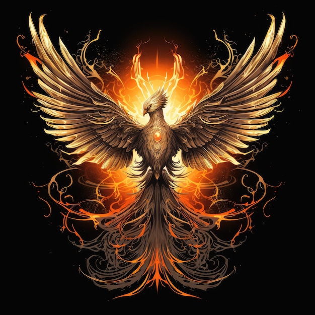 Птица-феникс с распростертыми крыльями в огне на темном фоне