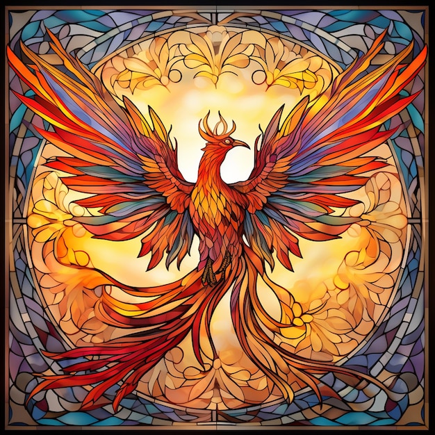 Phoenix or Fenix fire bird cartoon character at volcanic landscape with lava and sunrise Fantasy