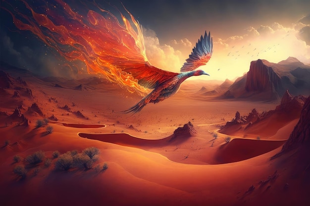 Phoenix firebird flying over picturesque landscape leaving fiery trail in its wake
