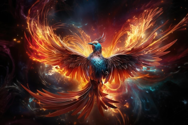 火を燃やして飛ぶフェニックス 鳥 神話上の生き物 生成 AI
