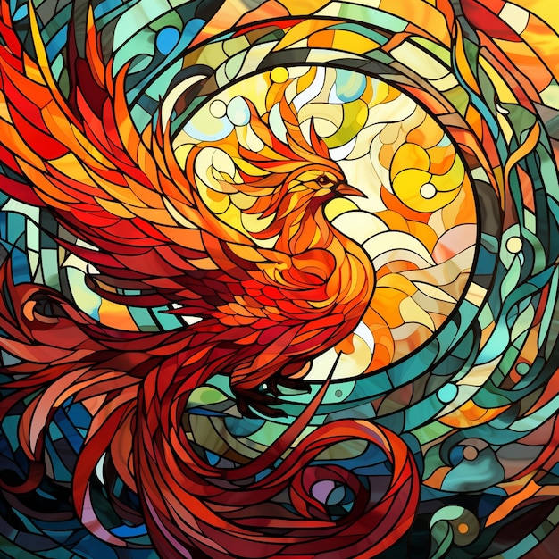 Phoenix of Fenix vuur vogel cartoon personage op vulkanisch landschap met lava en zonsopgang Fantasy