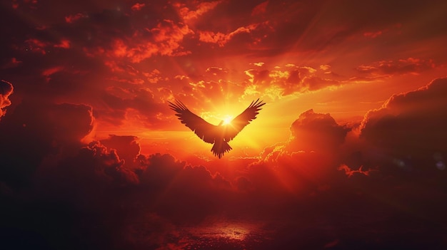 A phoenix rising from ashes against a fiery sunset symbolizing rebirth and transformation