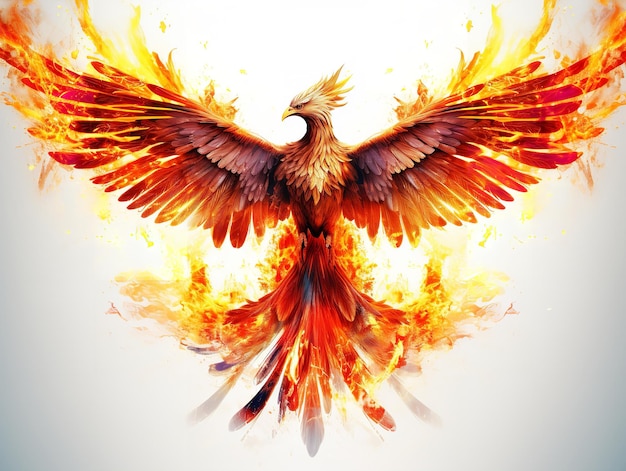 Phoenix Rising from Ashes Rebirth en Immortality geïsoleerd op een witte achtergrond gegenereerd door AI