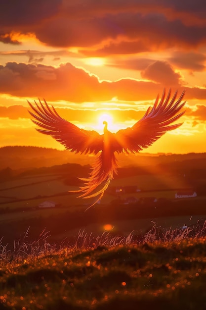 Phoenix rising from ashes sunset wide landscape rebirth theme mythical bird epic photo hyper realistic