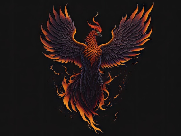 Phoenix with burning wings on black background ai generative