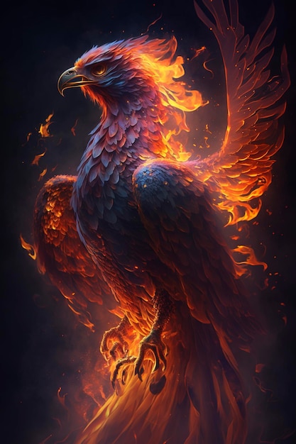 a phoenix with fiery and smoky wings on a dark background, creative ai