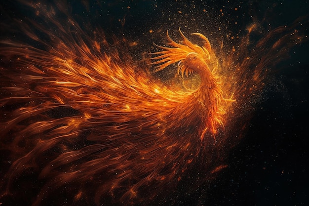 A phoenix with a fiery tail and a black background