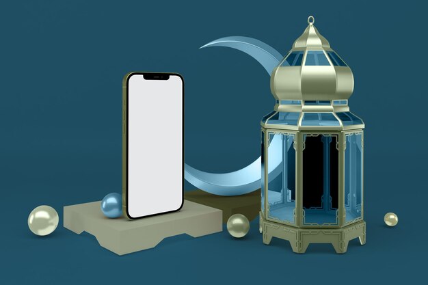 Phone 12 and lantern left side with ramadan themed background