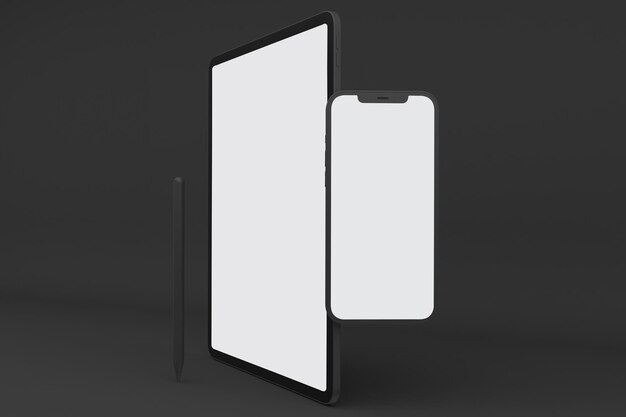 phone 12 and tablet front view in black background