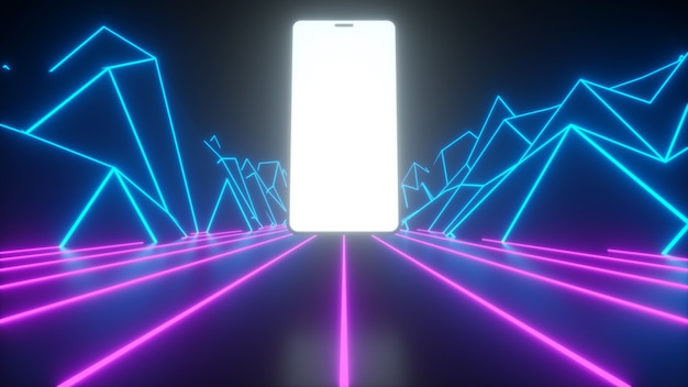 Phone on the background of neon mountains and roads neon glowing background 3d renderig