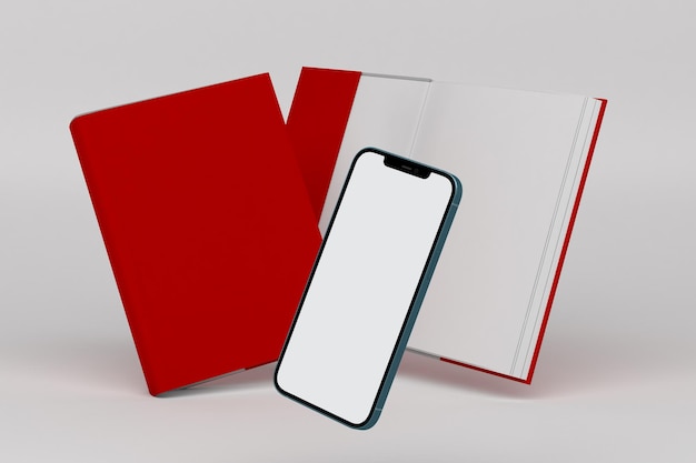 phone and books right side in grey background