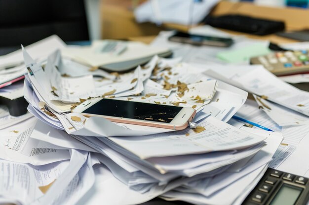 Foto telefono sepolto sotto i documenti su un tavolo di ufficio disorganizzato