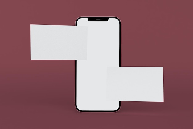 Лицевая сторона телефона и визитных карточек изолирована на красном фоне