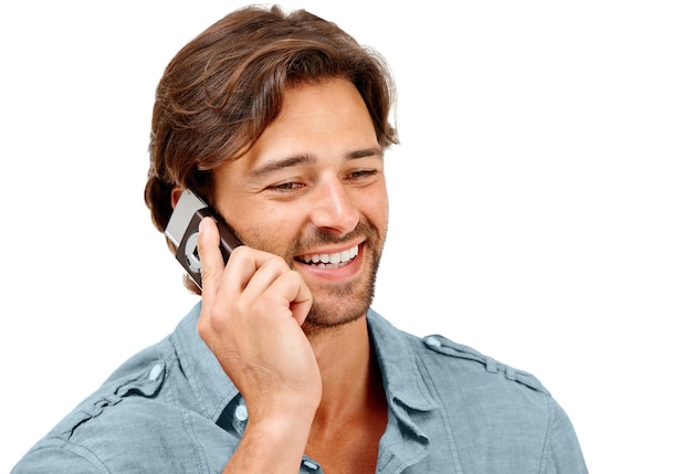 Phone call smile and face of businessman on a white background for talking discussion and communication Work in studio b2b networking and entrepreneur in conversation business deal and planning