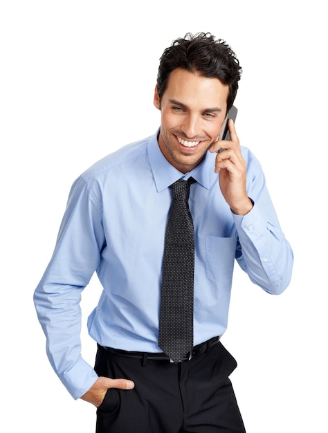 Phone call studio and business man with communication corporate negotiation and networking strategy Smile of a professional worker using phone or smartphone for career feedback job review or news