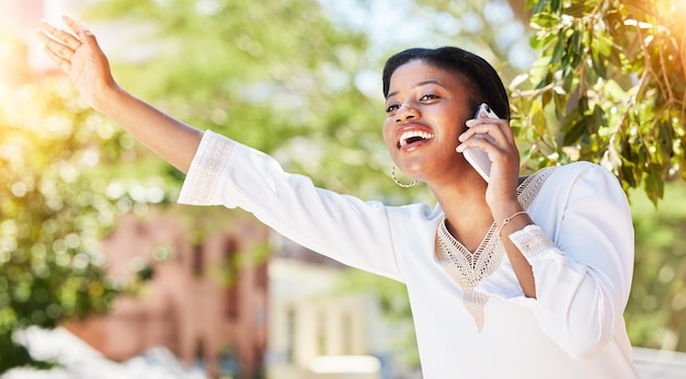 Phone call wave and cab with black woman in city for travel communication and transportation taxi lens flare and contact with person and mobile for hailing taxi service in outdoors for commute