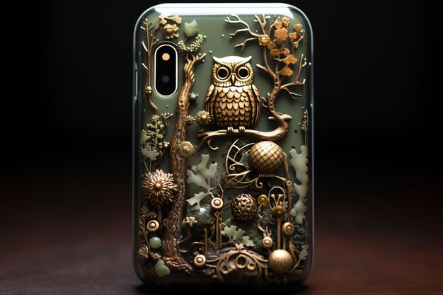 a phone case with an owl on the back of it