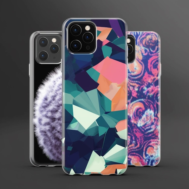 A phone case with a purple and blue design is on a black background.
