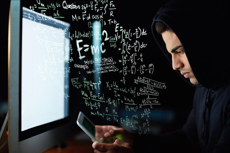 Photo phone coding computer and hacker man with software code password hacking and math or digital overlay online crime cybersecurity and programmer person in hoodie mobile app or pc and data hologram