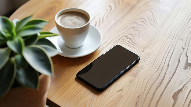 phone and coffee on wood blank space Generative Ai