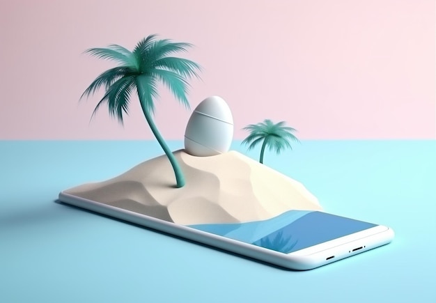 Phone creative summer cyber sand concept mock holiday up sea palm Generative AI